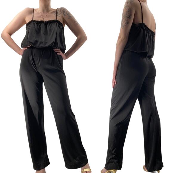 Vintage 70s Wide Leg Jumpsuit Strappy Blouson Bodice High Waist Black Womens M - Picture 1 of 7